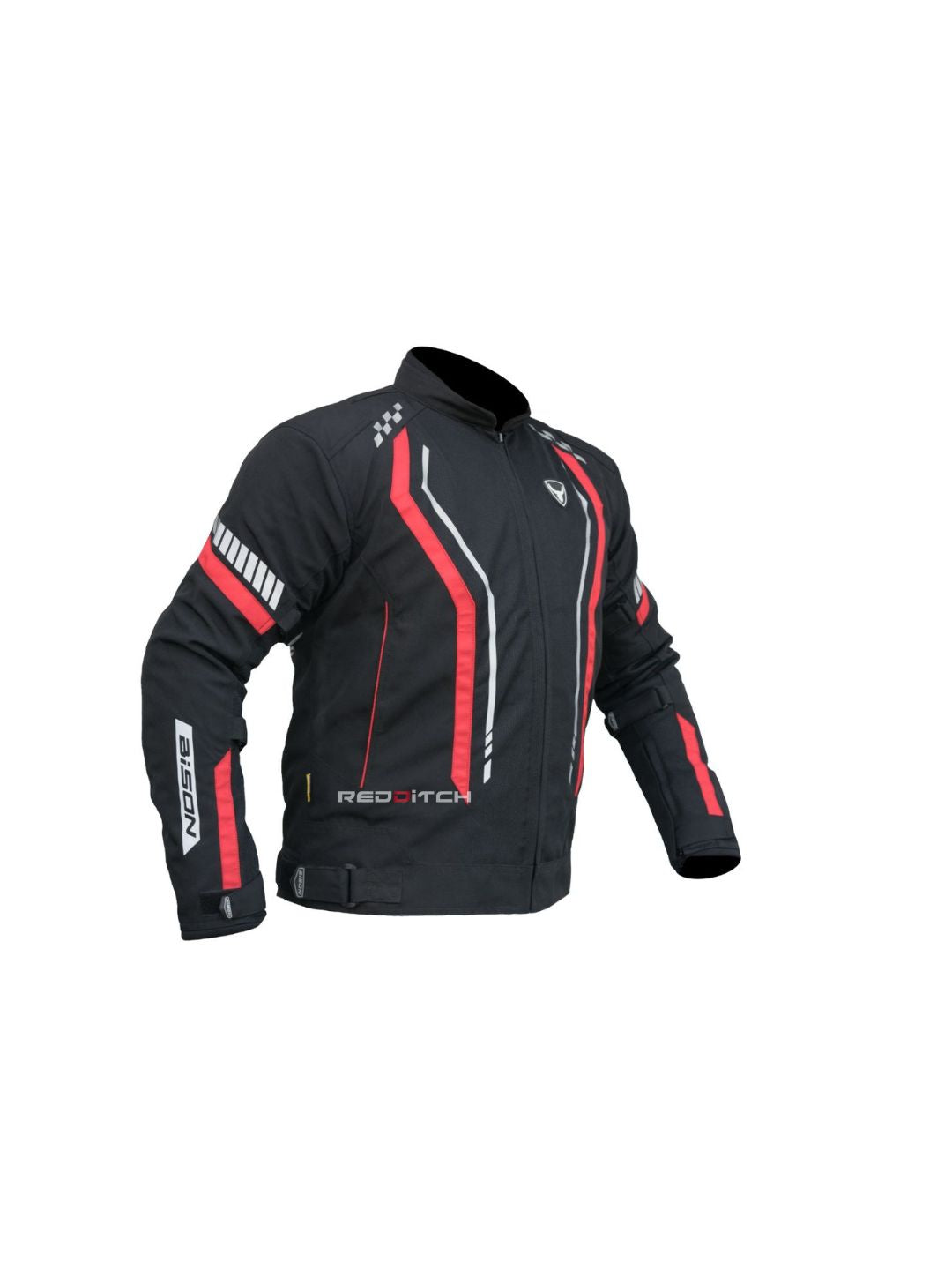 Bison Jacket (Black/Red, Large), a high-performance motorcycle jacket designed for safety and style, featuring durable materials, protective armor, and a sleek design for maximum comfort and protection on every ride.