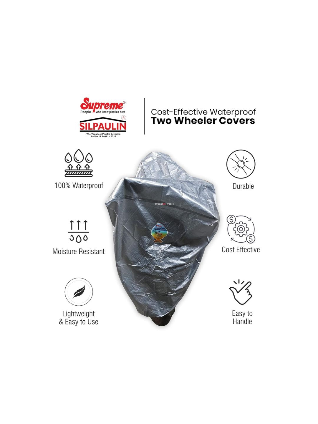 Supreme Body Cover in grey color, offering excellent protection for your motorcycle against dust, rain, and UV rays, while ensuring durability and maintaining the bike's appearance.