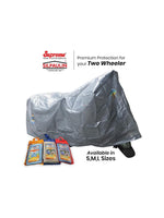 Supreme Body Cover in grey color, offering excellent protection for your motorcycle against dust, rain, and UV rays, while ensuring durability and maintaining the bike's appearance.