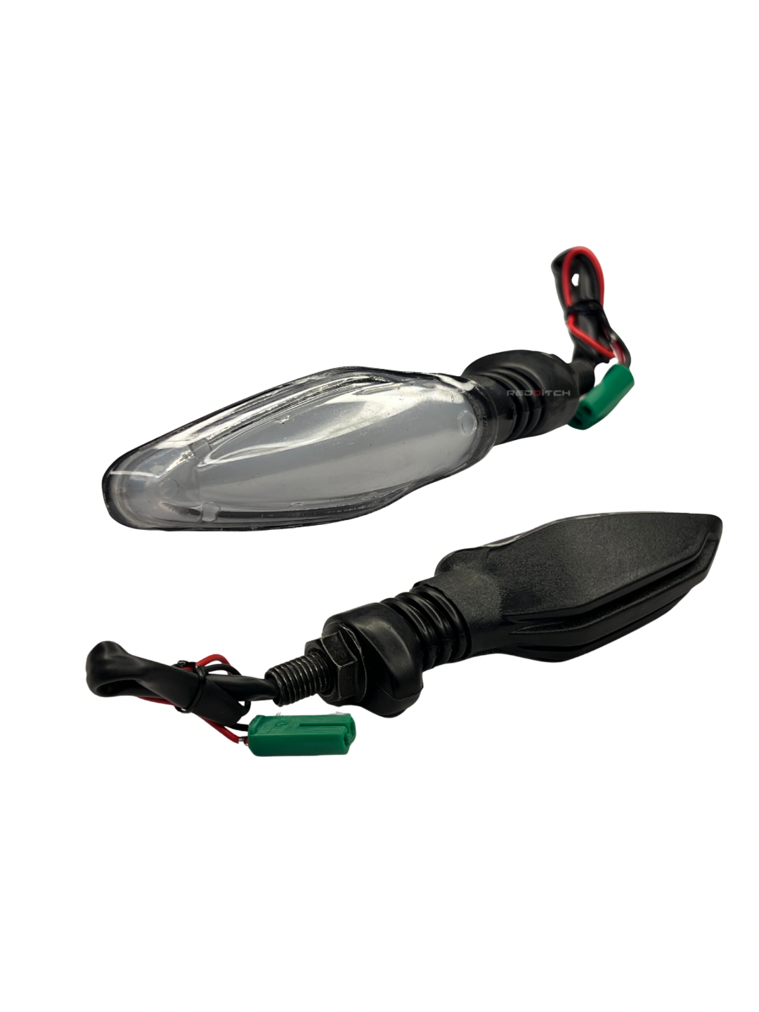 Motorcycle mirror with clear lens and black casing on a white background