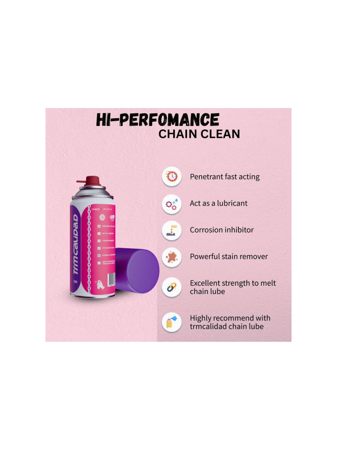 TRM Calidad Chain Clean Spray (150ml), a powerful cleaner designed to remove dirt, grease, and debris from motorcycle chains, ensuring smooth performance and extending chain life.