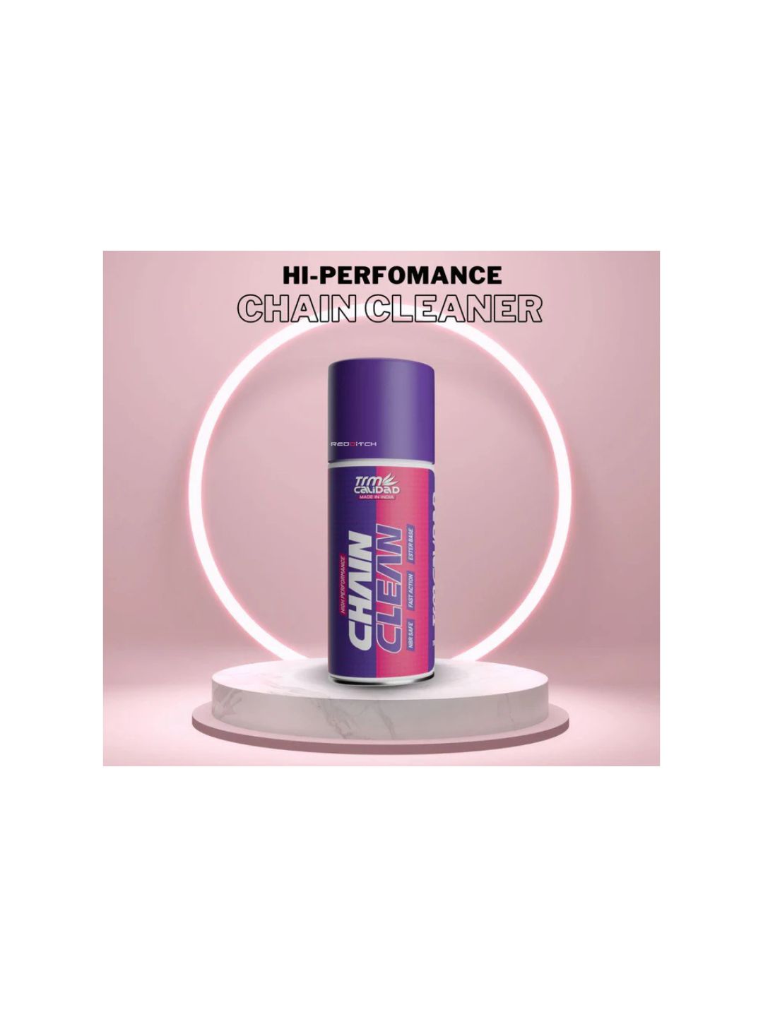 TRM Calidad Chain Clean Spray (150ml), a powerful cleaner designed to remove dirt, grease, and debris from motorcycle chains, ensuring smooth performance and extending chain life.