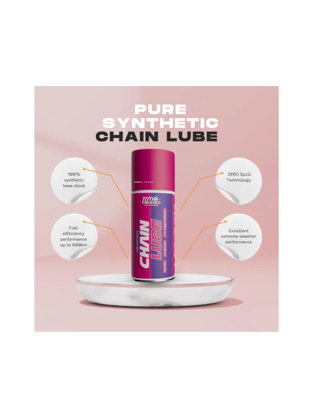 TRM Calidad Pure Synthetic Chain Lube, a high-quality lubricant designed to provide superior protection, reduce friction, and extend the lifespan of your motorcycle chain with long-lasting performance.