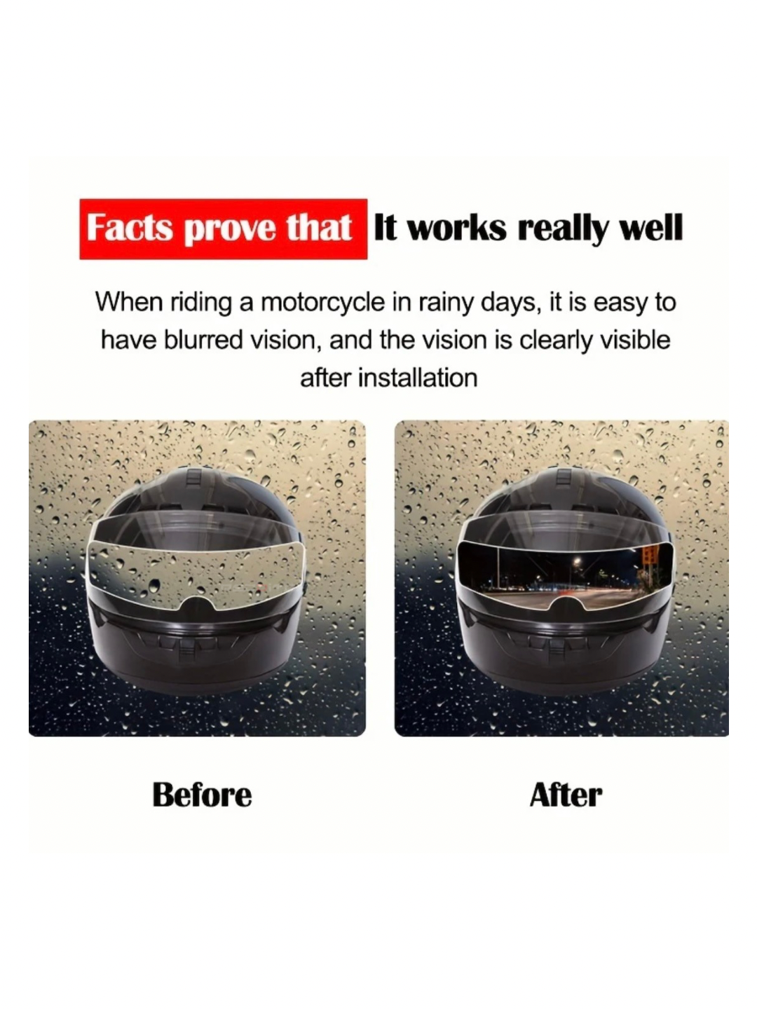 Motorcycle helmet with raindrops before and after installation of a visor, showing improved visibility.