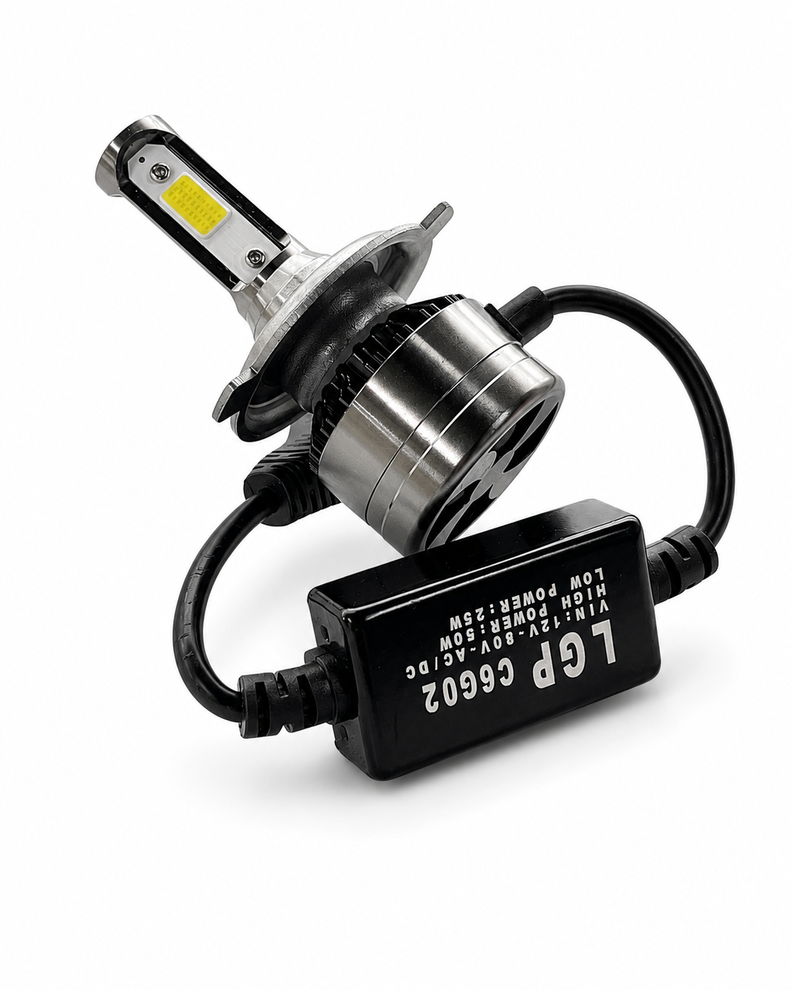 A pair of LED car headlights with a black inline power module, shown on a clean white background. The brand 'LGP' is clearly printed on the black power box.