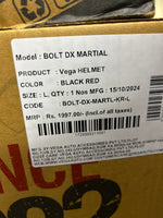 The Vega Bolt DX Martial Black Red helmet offers a stylish and sporty design with reliable protection. Its durable shell, snug fit, and efficient ventilation make it ideal for both city commutes and long rides. The black and red accents enhance its bold look.