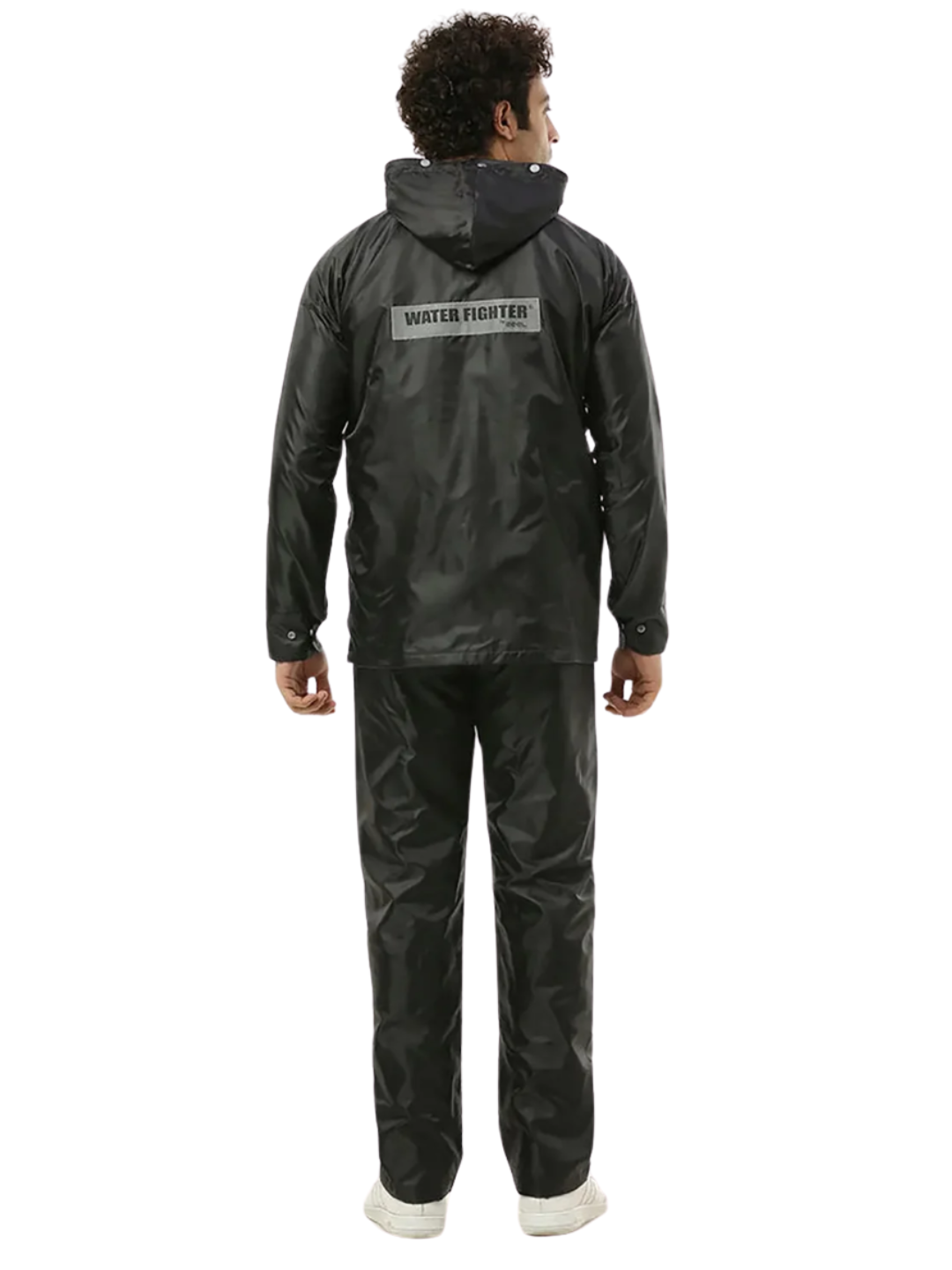Person wearing a black raincoat and pants with 'Water Fighter' branding on a white background