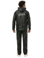 Person wearing a black raincoat and pants with 'Water Fighter' branding on a white background