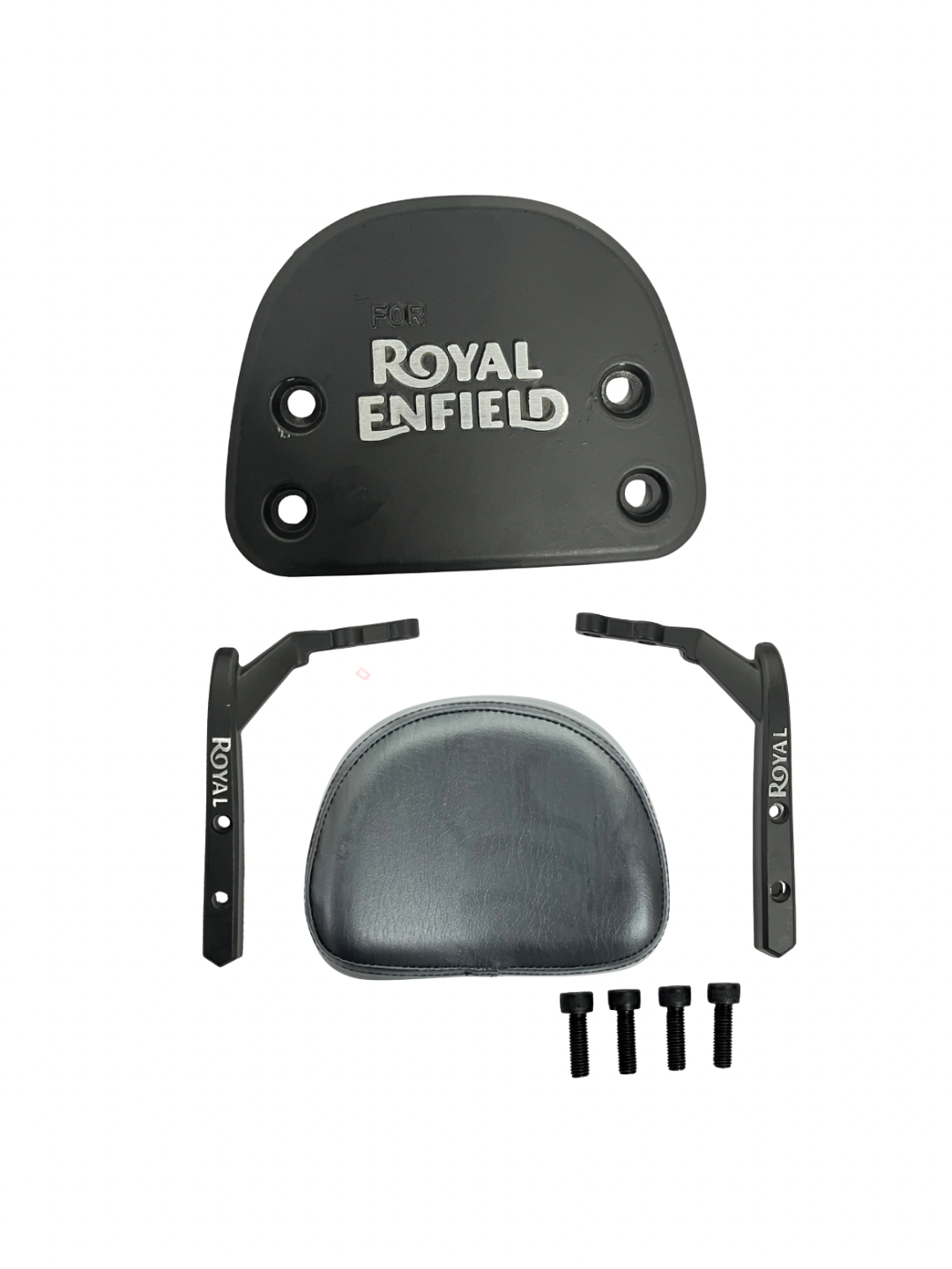 Royal Enfield motorcycle seat and bracket set on a white background