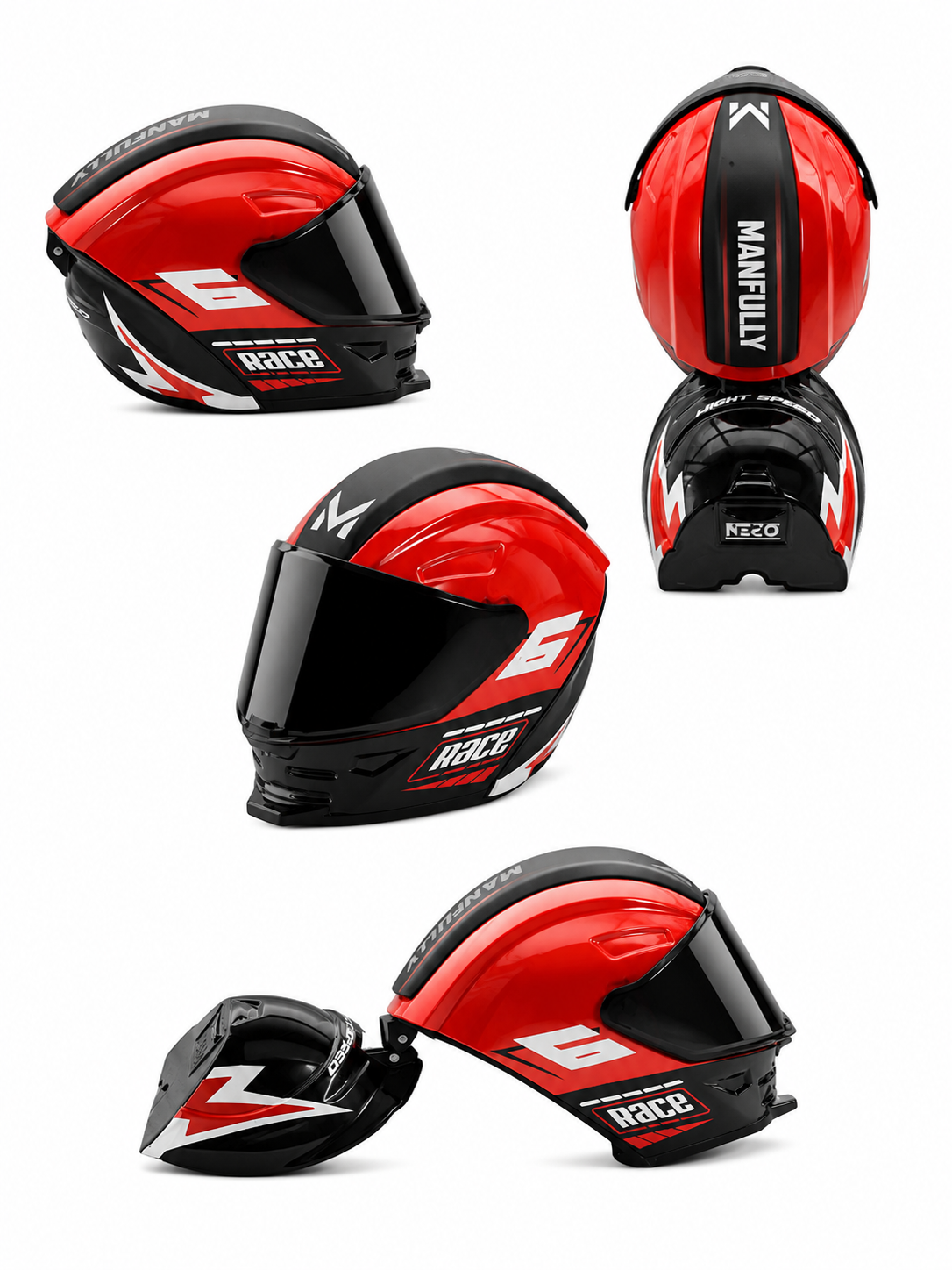 Red and black racing helmet with visible branding on a white background