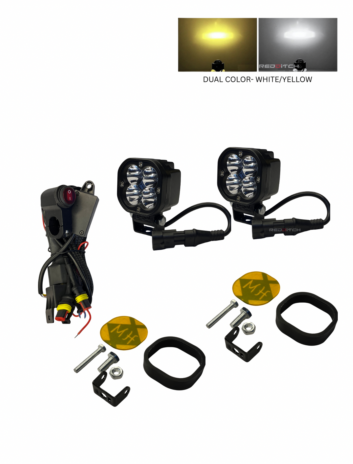 Set of LED lights with accessories on a white background