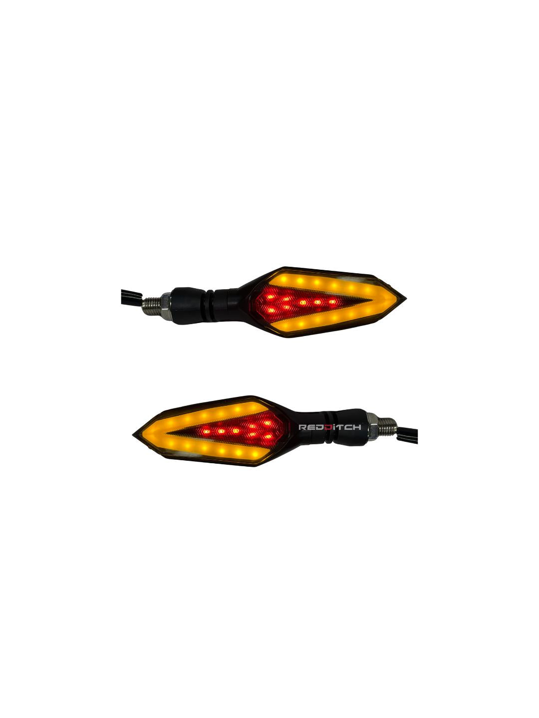 Spear Arrow Indicator 2.0 with dual lighting functionality, illuminating bright yellow for signaling and red for braking, enhancing safety and visibility.