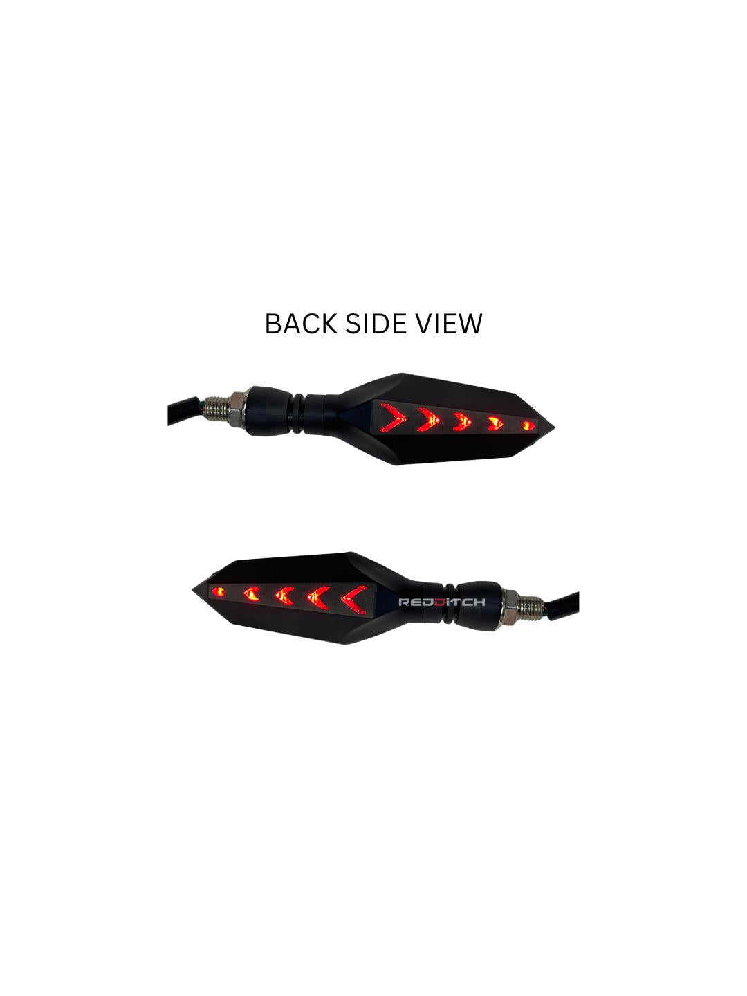 Spear Arrow Indicator 2.0 with dual lighting functionality, illuminating bright yellow for signaling and red for braking, enhancing safety and visibility.