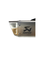 Akrapovic R1 M Giant Exhaust in silver color, offering superior performance, a deep exhaust note, and a sleek, stylish finish to enhance your bike's look and power.