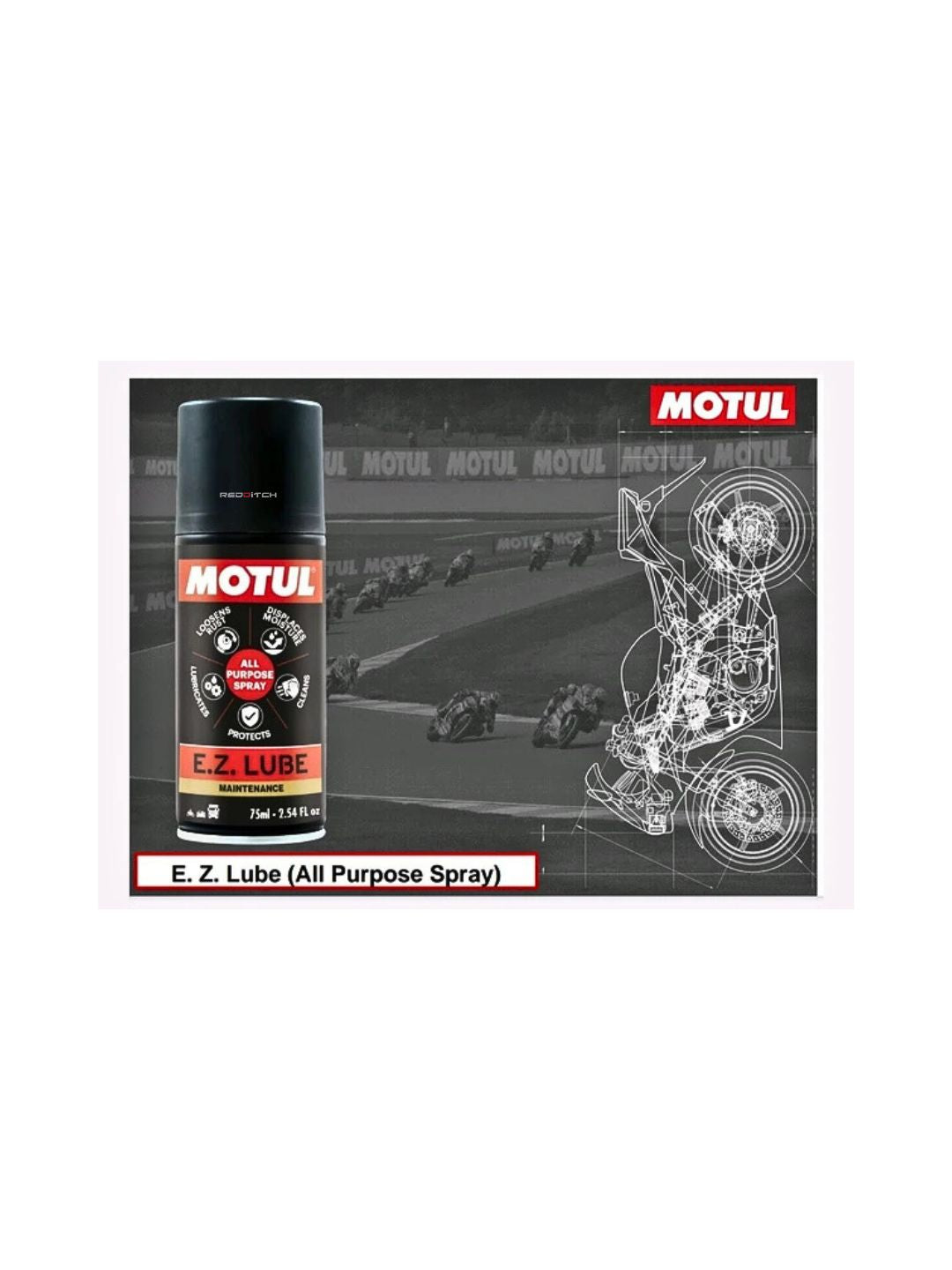 Motul EZ Lube Spray (75ml), a versatile lubricant designed for motorcycles, providing excellent chain protection, reducing friction, and ensuring smooth operation with easy application for long-lasting performance.