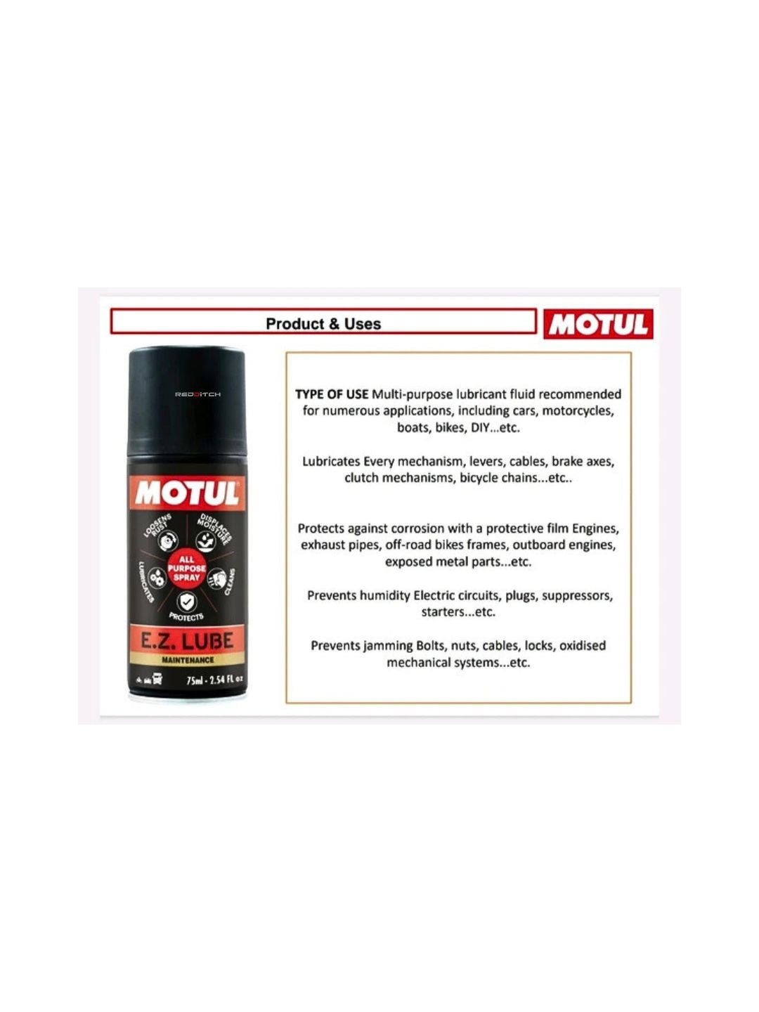 Motul EZ Lube Spray (75ml), a versatile lubricant designed for motorcycles, providing excellent chain protection, reducing friction, and ensuring smooth operation with easy application for long-lasting performance.