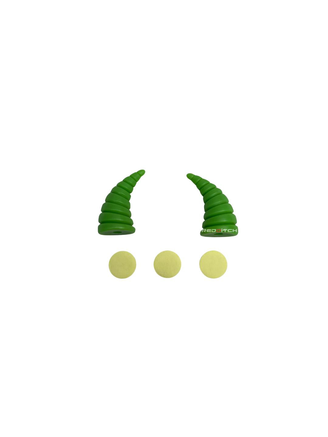 "Helmet Small Horn in green color with a stripe design, primarily used for show purposes to enhance the helmet's appearance and add a stylish touch."