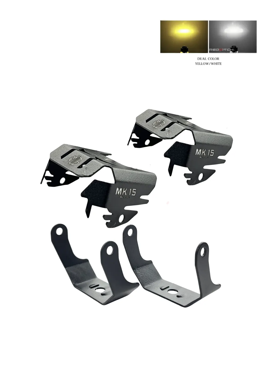 Metal brackets labeled 'MK15' with color options displayed above on a white background.