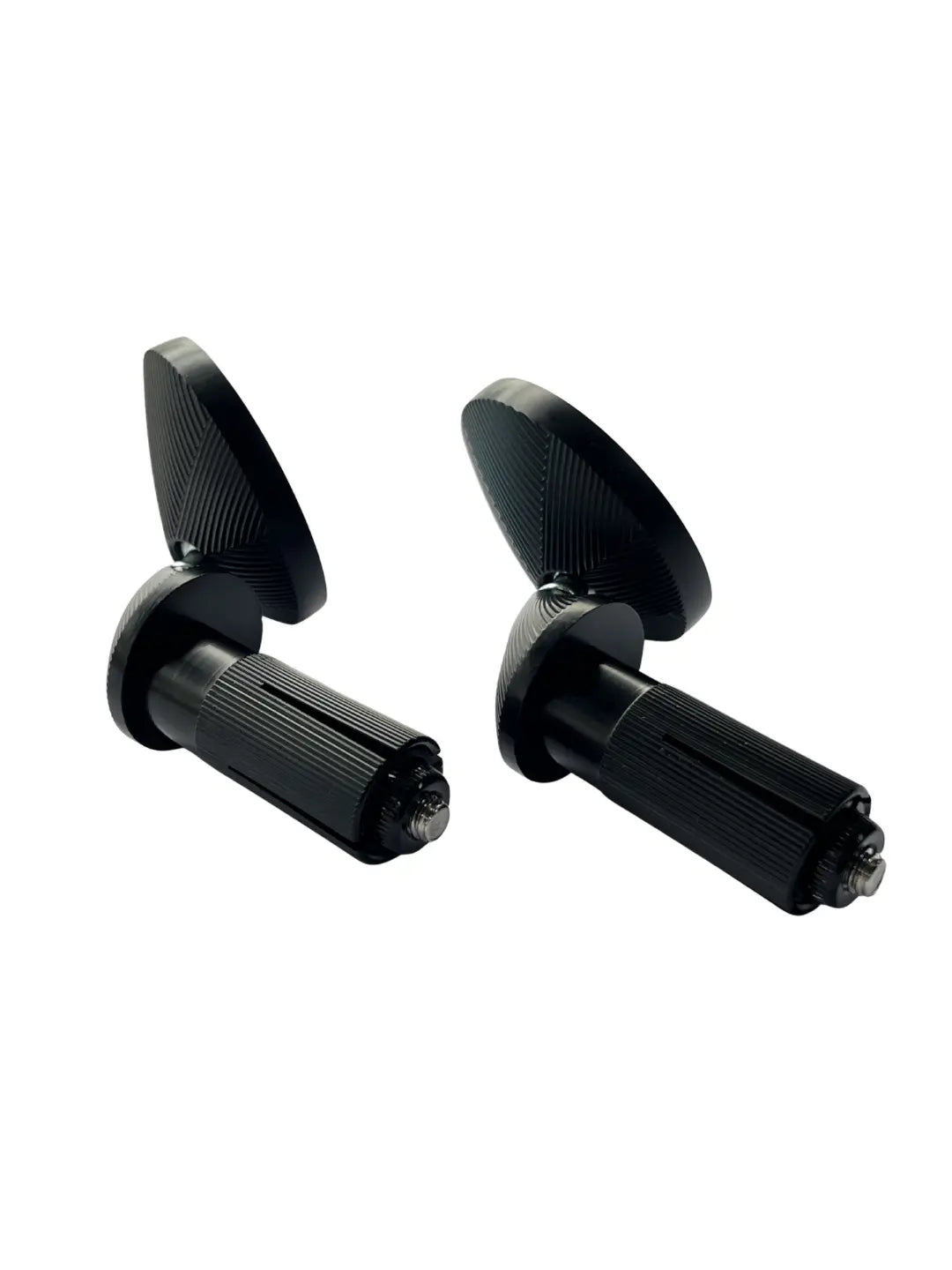 Two black adjustable bike handlebar clamps on a white background