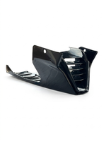 A glossy black plastic motorcycle fairing or body panel, photographed on a clean white background.