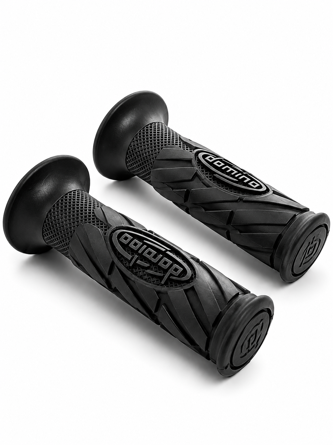 A pair of black motorcycle handlebar grips with textured tread patterns and embossed 'Racing' logos, displayed on a clean white background.
