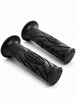 A pair of black motorcycle handlebar grips with textured tread patterns and embossed 'Racing' logos, displayed on a clean white background.
