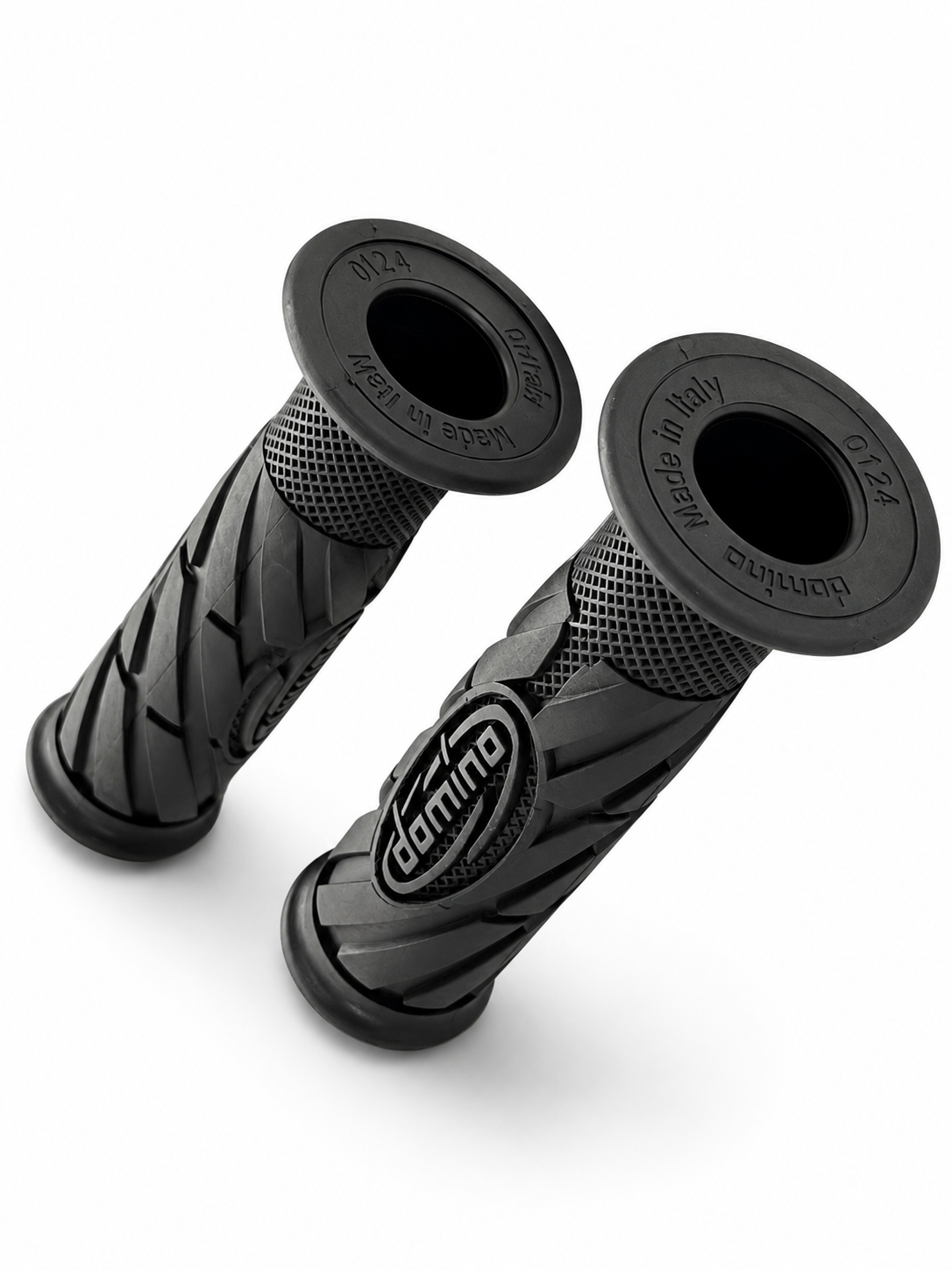 A pair of black motorcycle handlebar grips with knobby tread patterns and the 'domingo' brand logo, shown on a clean white background.