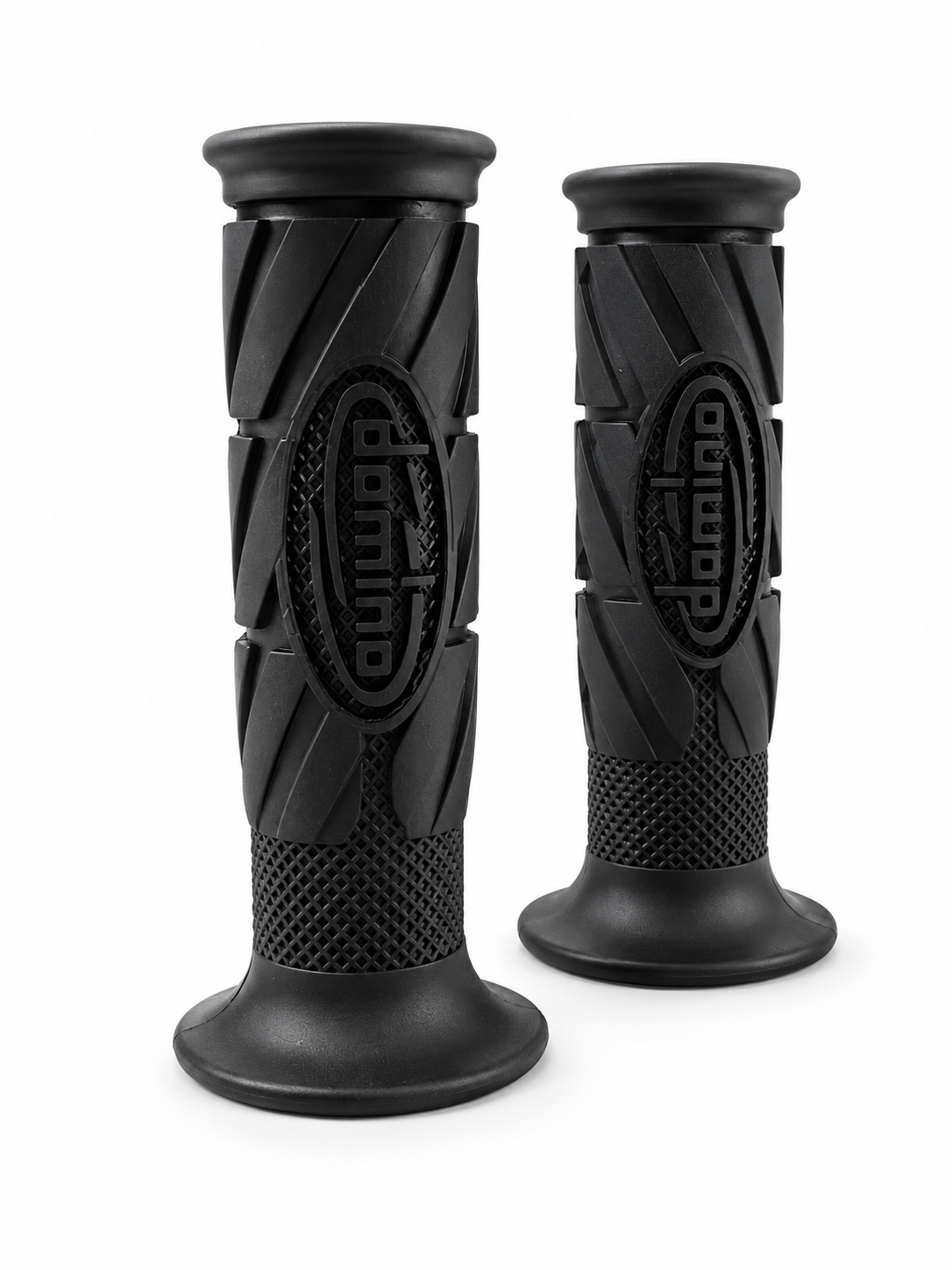 A pair of black motorcycle handlebar grips with textured, ribbed patterns and a central oval logo, displayed on a clean white background.