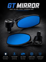 Two GT Mirror anti glare oval carbon CNC car side mirrors with blue lenses and black housings, displayed on a dark textured background with marketing text and feature icons.