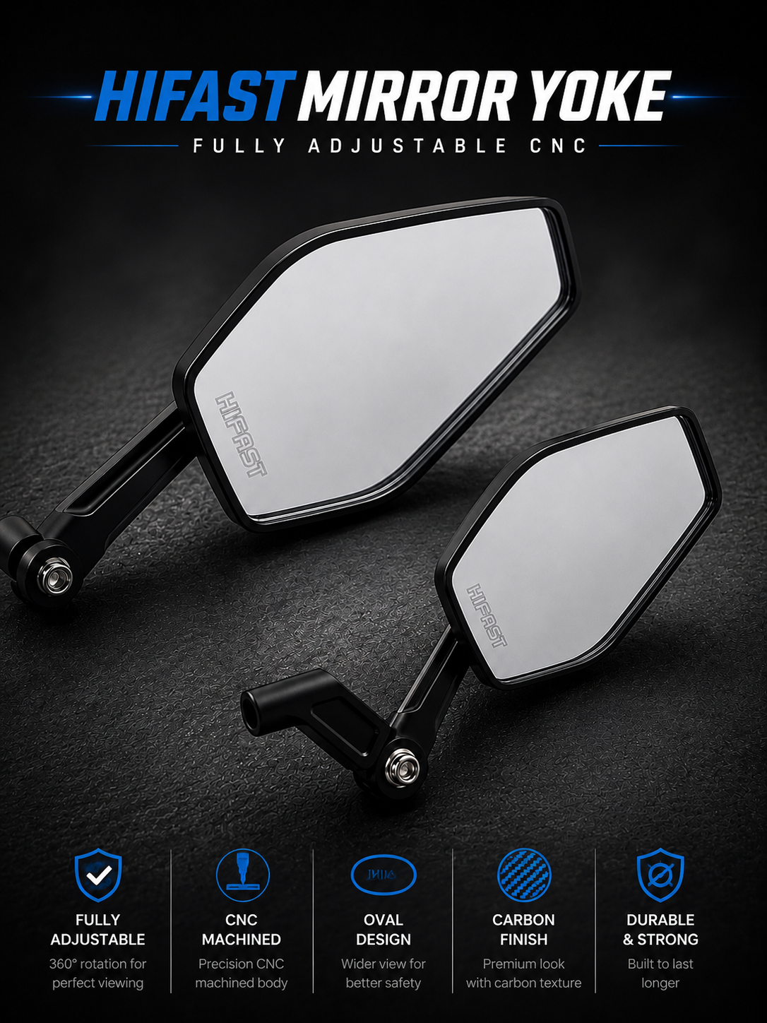 Two HIFAST mirror yoke motorcycle side mirrors with black frames and silver reflective lenses, displayed on a dark textured background with promotional text and feature icons.
