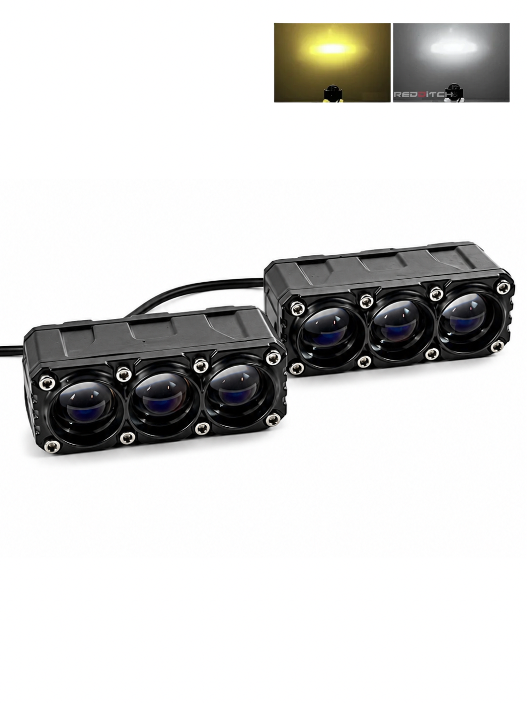 Two black rectangular automotive LED light bars with three lenses each, shown on a white background with a small inset showing yellow and white light output.