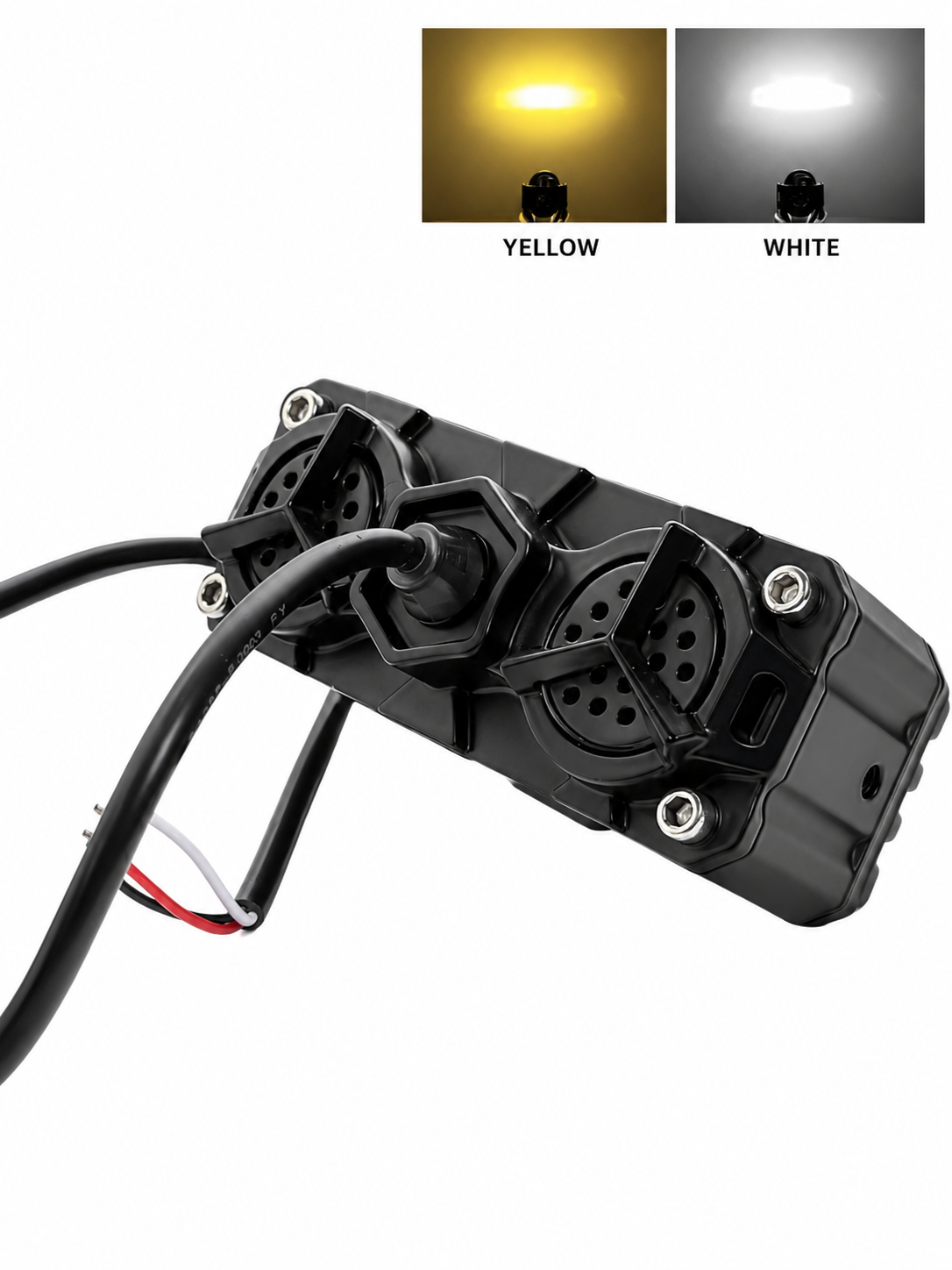 A black marine dual-light switch module with attached wiring, shown on a white background with two small inset diagrams above illustrating the light outputs: a yellow beam labeled YELLOW and a white beam labeled WHITE.