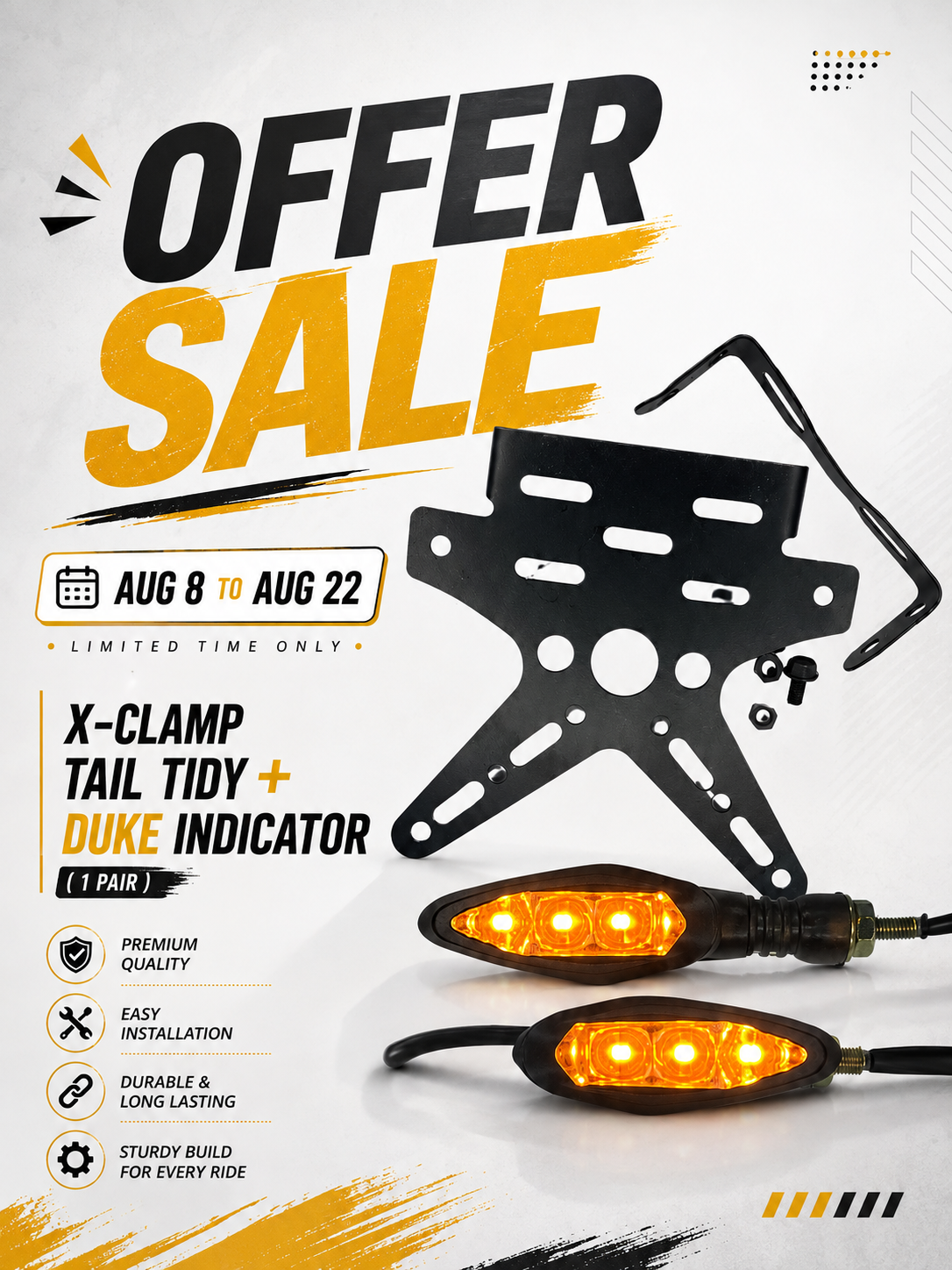 Promotional graphic for a motorcycle tail light assembly set, showing a black metal X-clamp mount and a pair of LED tail lights with amber lenses. Large sale text reads 'OFFER SALE' on a white background with feature callouts.