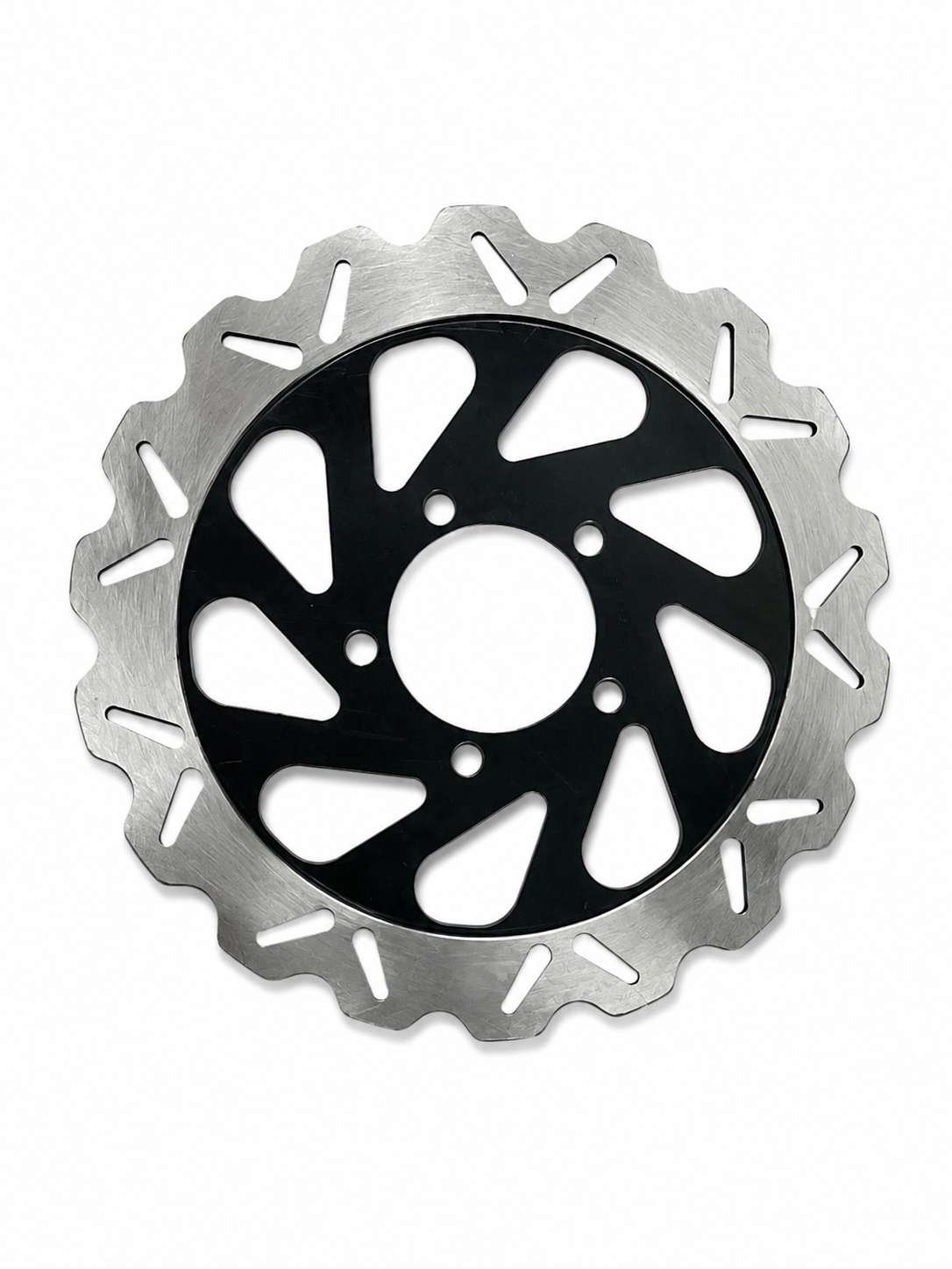 A motorcycle rear disc brake rotor with a silver metallic outer ring and a black center hub, shown on a plain white background.