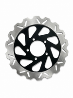 A motorcycle rear disc brake rotor with a silver metallic outer ring and a black center hub, shown on a plain white background.