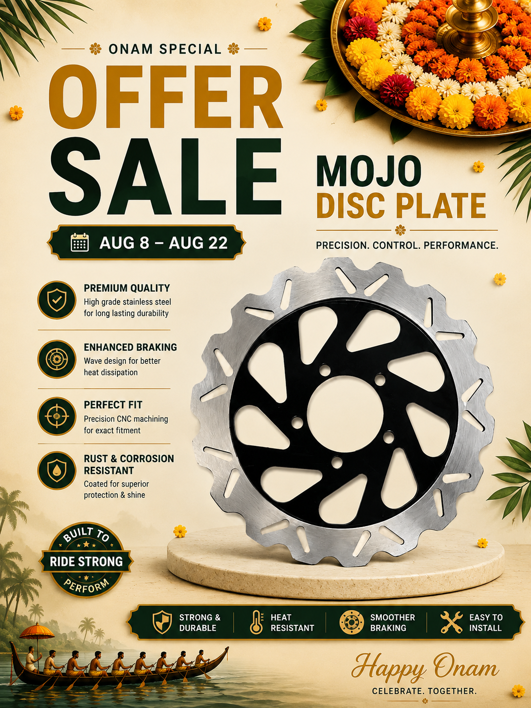 Promotional poster for a Mojo Disc Plate bicycle component, featuring a large metallic silver and black disc plate on a pedestal with marketing text, decorative tropical leaves, a boat illustration, and a floral garland in the top right corner.