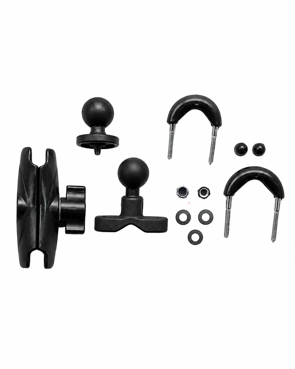 Black mounting hardware kit with a ball mount, U-shaped clips, washers, and screws on a plain white background.