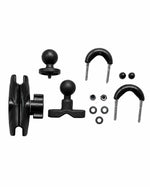 Black mounting hardware kit with a ball mount, U-shaped clips, washers, and screws on a plain white background.