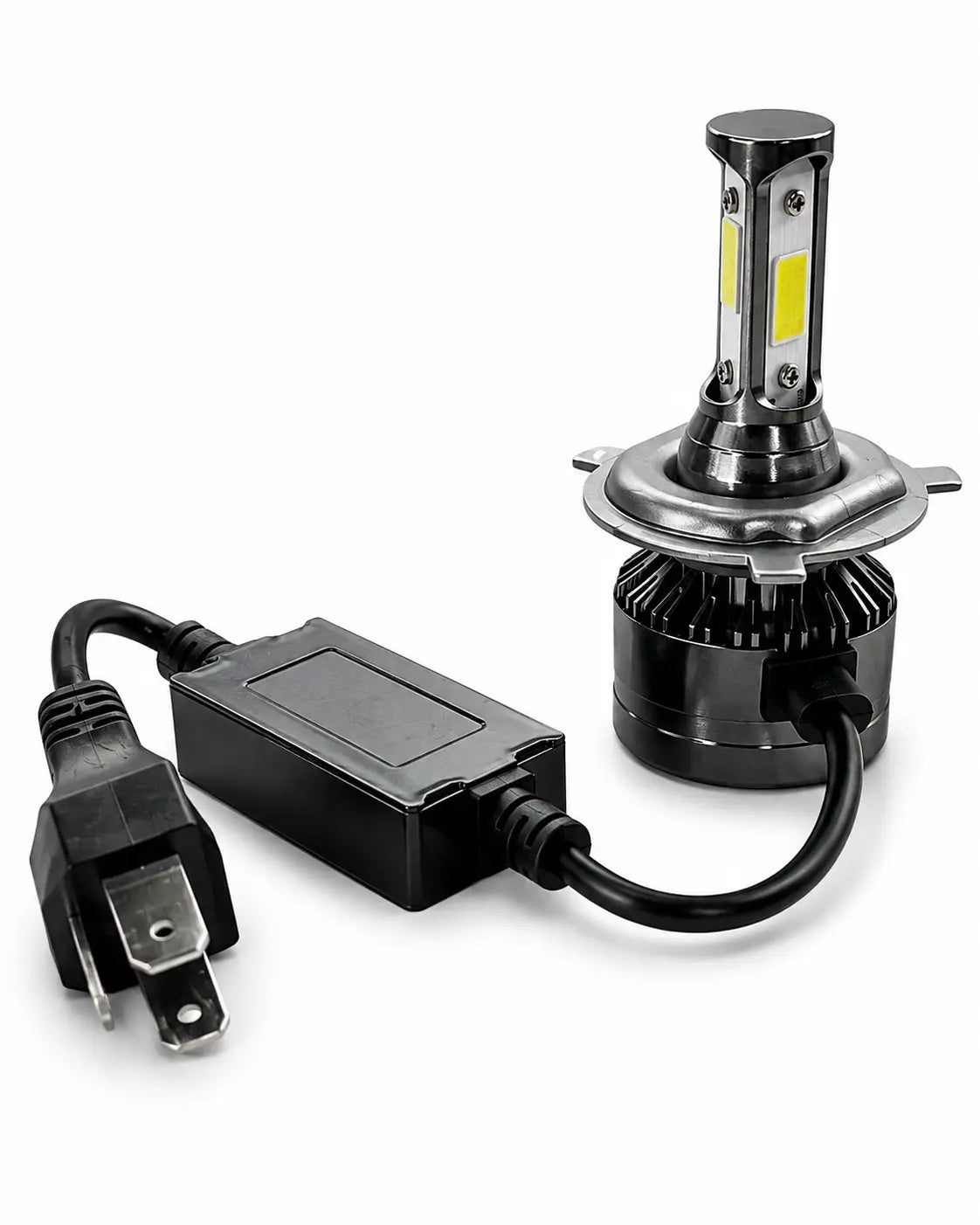 A pair of black LED car headlights with a power adapter and plug, shown on a clean white background.