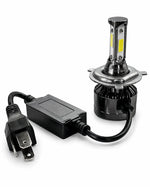 A pair of black LED car headlights with a power adapter and plug, shown on a clean white background.