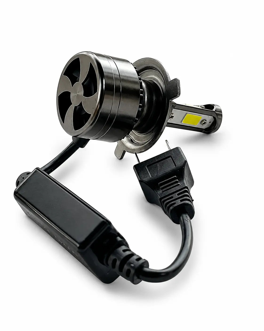 A black metal and plastic LED headlight conversion kit with a cooling fan, an LED bulb, and an inline power adapter on a white background.