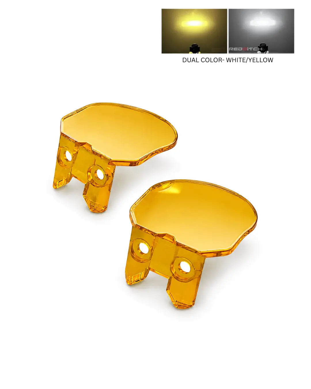 Two translucent amber-colored plastic light housings shown on a white background, with a small inset at the top showing dual color modes: yellow and white.