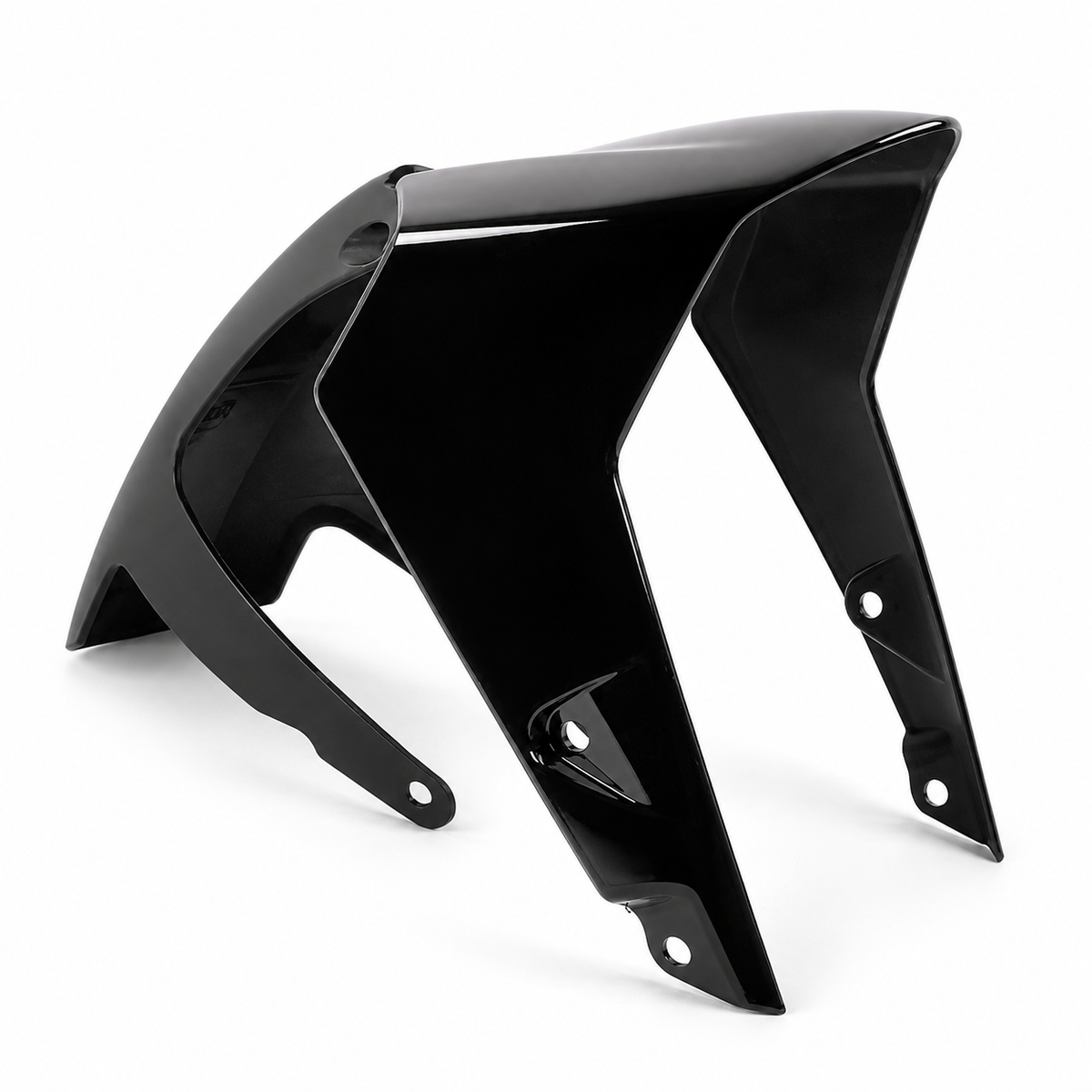 A glossy black plastic motorcycle fender or side panel, shown from a three-quarters perspective on a clean white background.