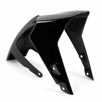A glossy black plastic motorcycle fender or side panel, shown from a three-quarters perspective on a clean white background.