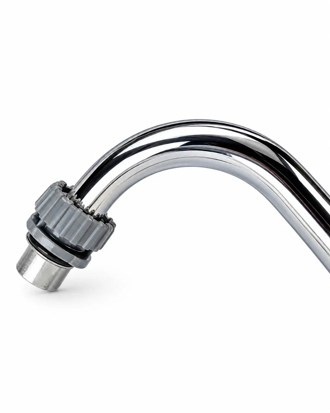 A curved chrome metal hose bib or faucet adapter with a ribbed gray threaded connector, shown on a plain white background.