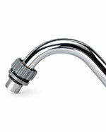 A curved chrome metal hose bib or faucet adapter with a ribbed gray threaded connector, shown on a plain white background.