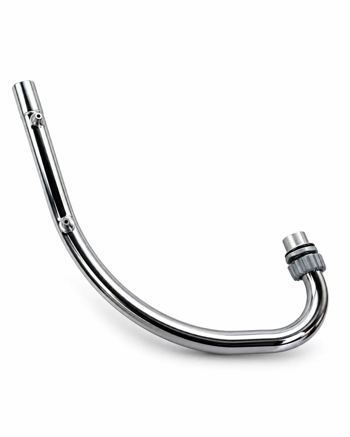 A curved chrome metal exhaust pipe with a threaded connector on one end, shown on a plain white background.