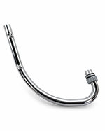 A curved chrome metal exhaust pipe with a threaded connector on one end, shown on a plain white background.