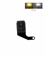 Black remote control with two buttons on a white background, featuring dual-color LED lights.