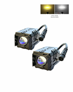 Two underwater lights with dual-color yellow and white light options on a white background.